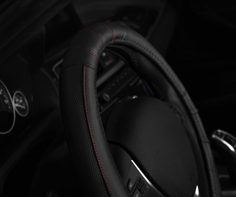 Swiss Drive Steering Wheel Cover Medium Black w/Red Stitching - 2505FL1