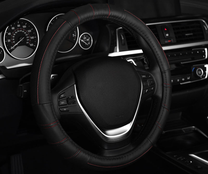Swiss Drive Steering Wheel Cover Medium Black w/Red Stitching - 2505FL1
