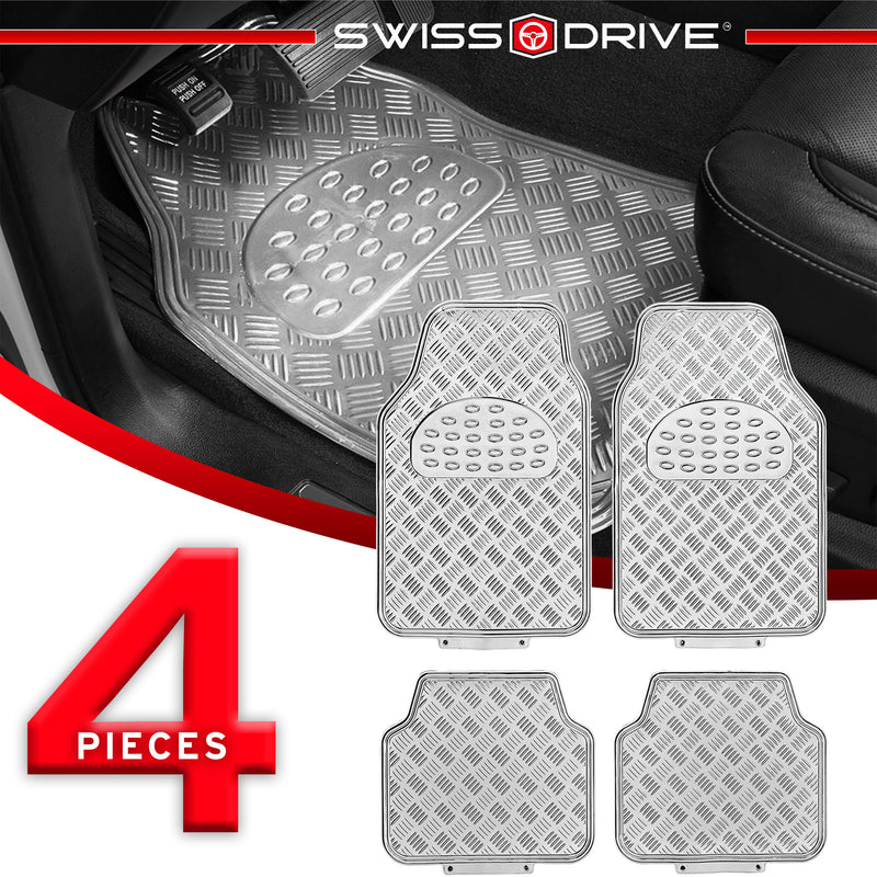 Swiss Drive Checker Plate Floor Mat 4 Piece Aluminum Look Metallic Silver - APA1000