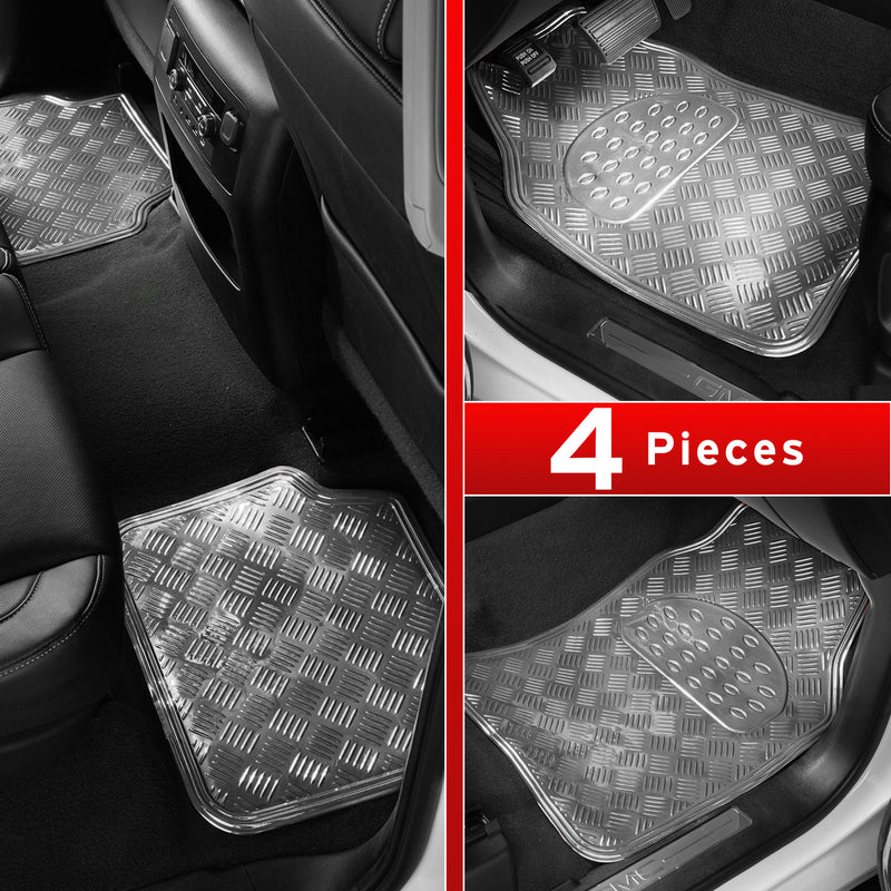 Swiss Drive Checker Plate Floor Mat 4 Piece Aluminum Look Metallic Silver - APA1000