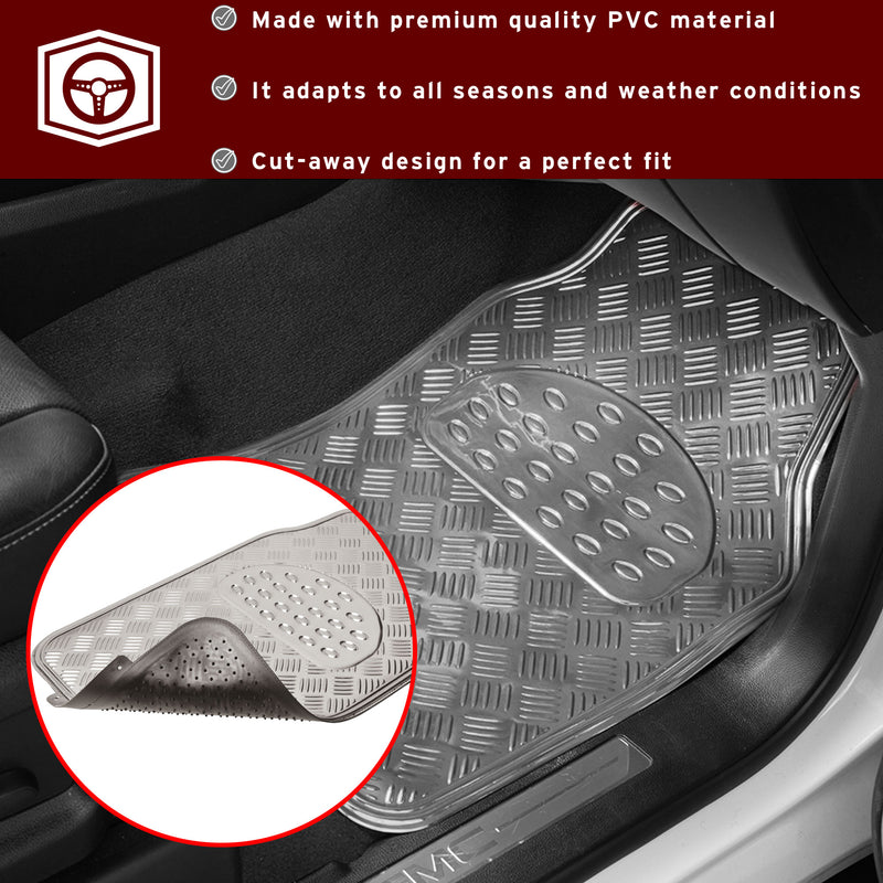 Swiss Drive Checker Plate Floor Mat 4 Piece Aluminum Look Metallic Silver - APA1000