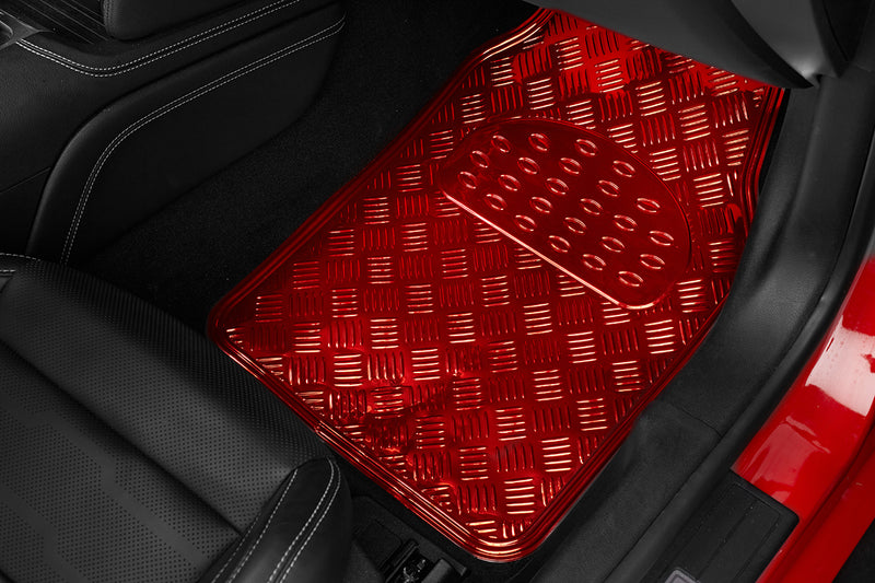 Swiss Drive Checker Plate Floor Mat 4 Piece Aluminum Look Metallic Red - APA3000