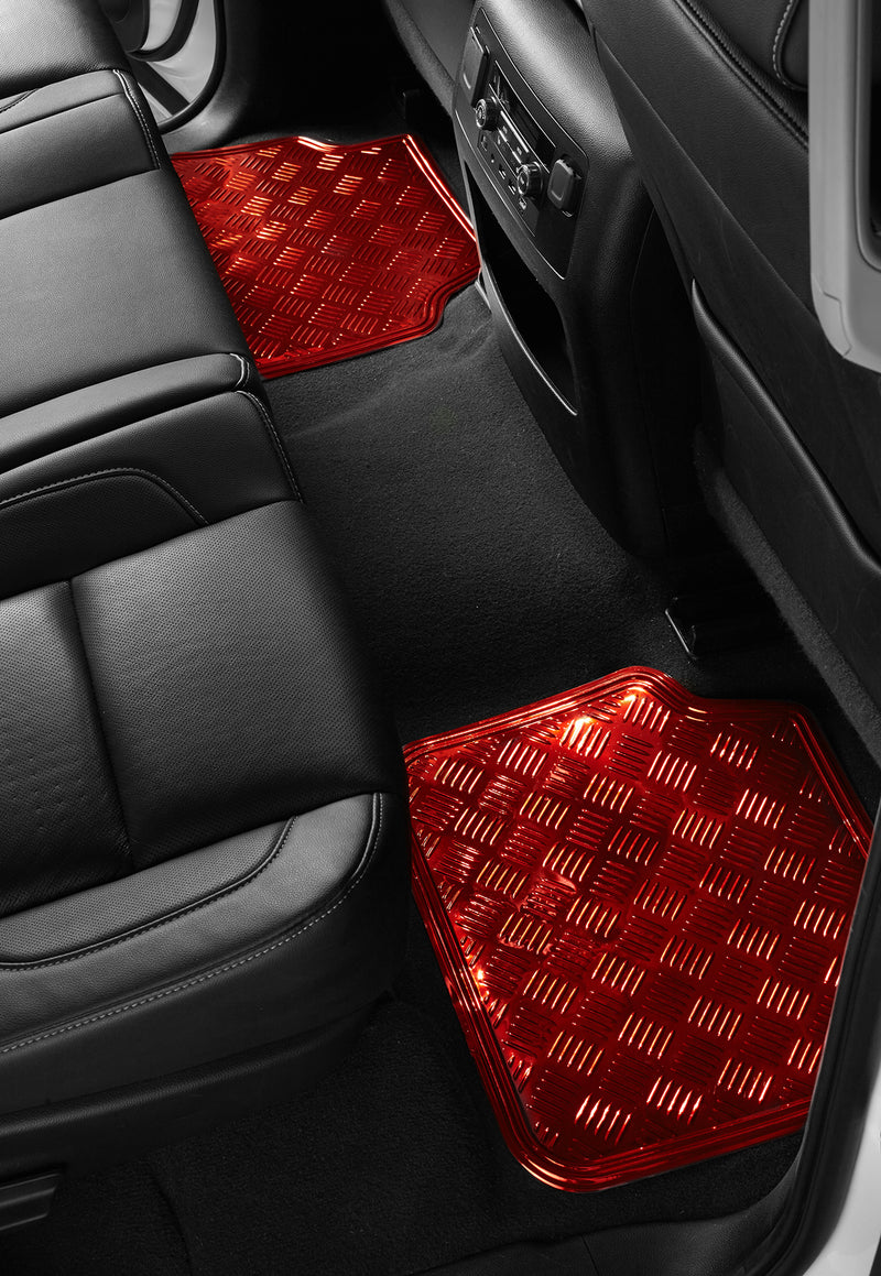 Swiss Drive Checker Plate Floor Mat 4 Piece Aluminum Look Metallic Red - APA3000