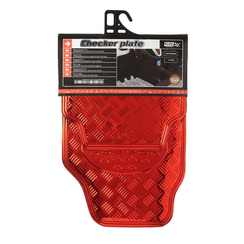 Swiss Drive Checker Plate Floor Mat 4 Piece Aluminum Look Metallic Red - APA3000