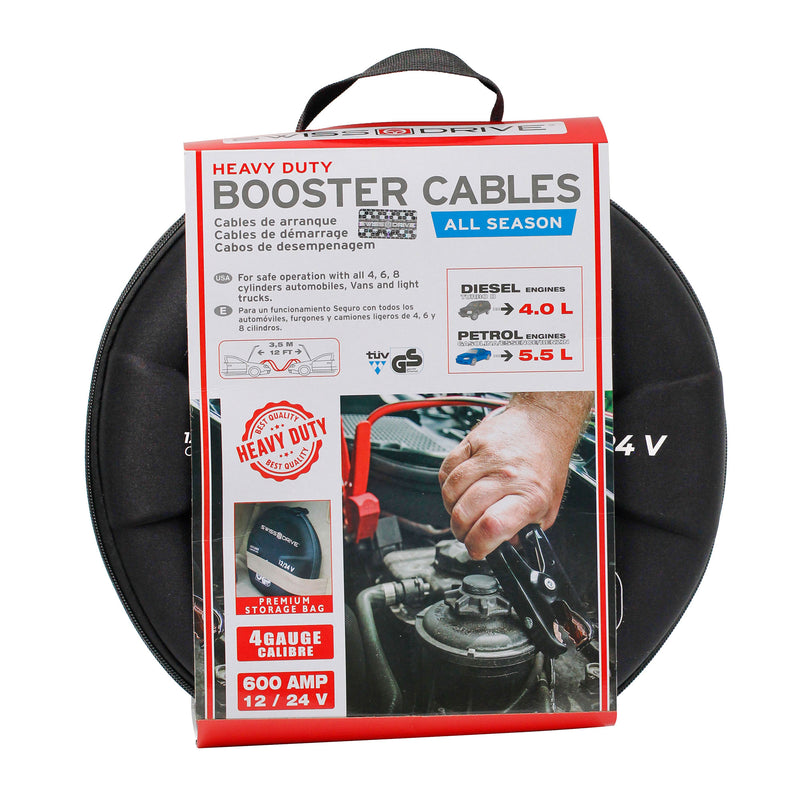 Swiss Drive Heavy Duty Booster Cables (600 AMP | 4 Gauge | 12/24V) - M707008