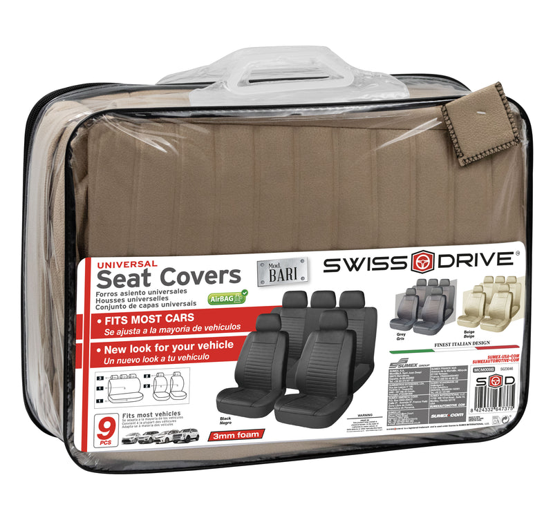 Swiss Drive Innovative Microfibre Universal Car Seat Cover Bari 9 Piece Beige - MCM009B
