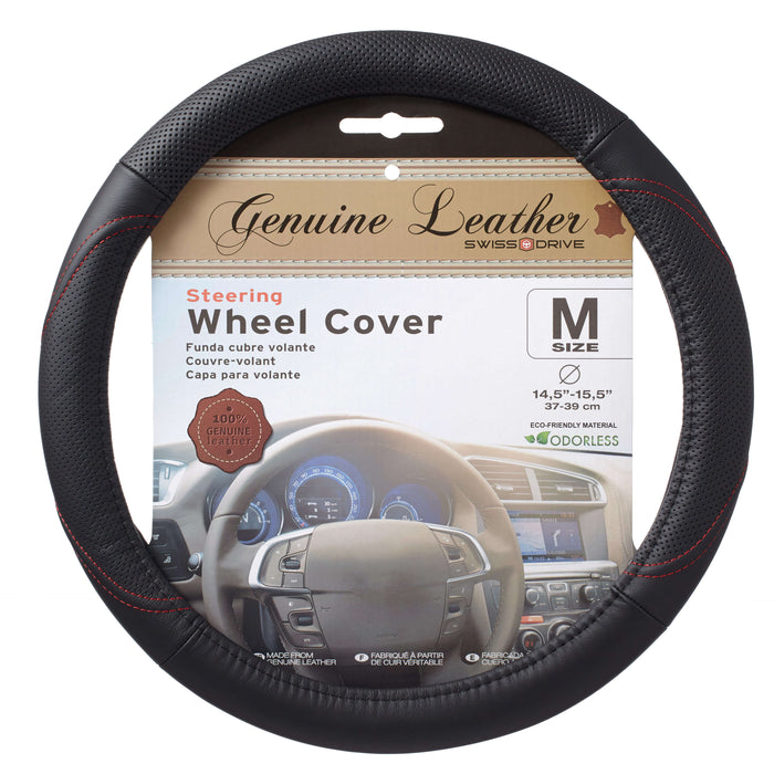 Genuine Leather Steering Wheel Cover Leather Medium Black/Red