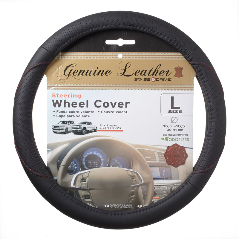 Genuine Leather Steering Wheel Cover Large Black