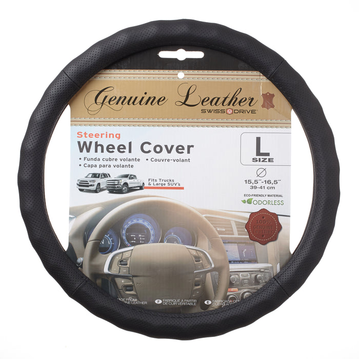 Genuine Leather Steering Wheel Cover Large Black