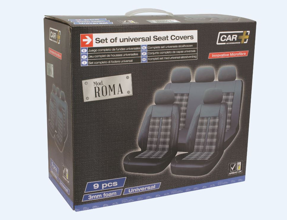 Car + Innovative Microfibre Universal Car Seat Cover Roma 9 Piece Black/Patterned